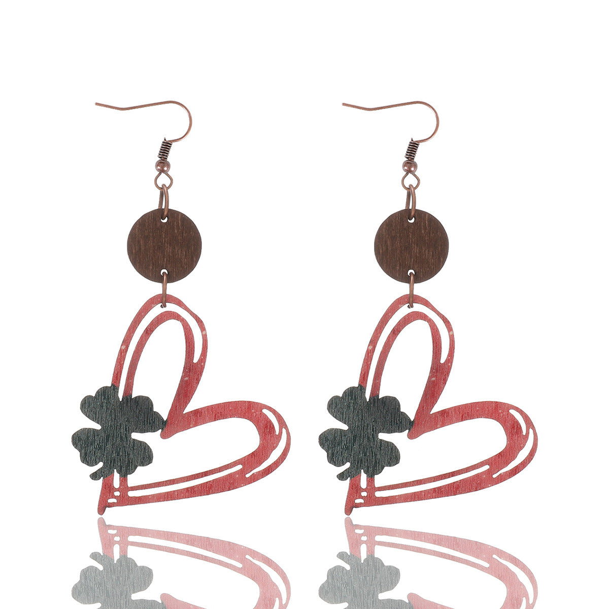 Wholesale Valentine's Day Love Hollow Four Leaf Grass Wooden Earrings